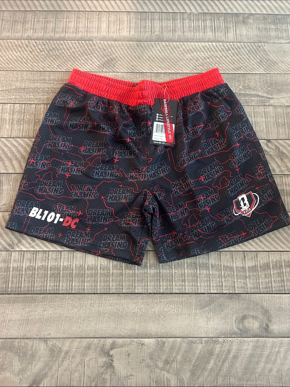 Kids' Black Shorts with Red Waistband and Graphic Accents